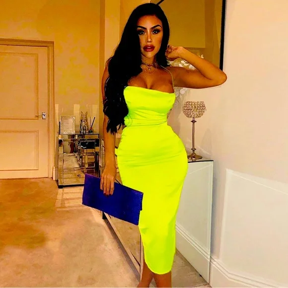 slim fit dress slacks Enzo Lime Green Tropical Print Midi Dress – Finery London main image 0